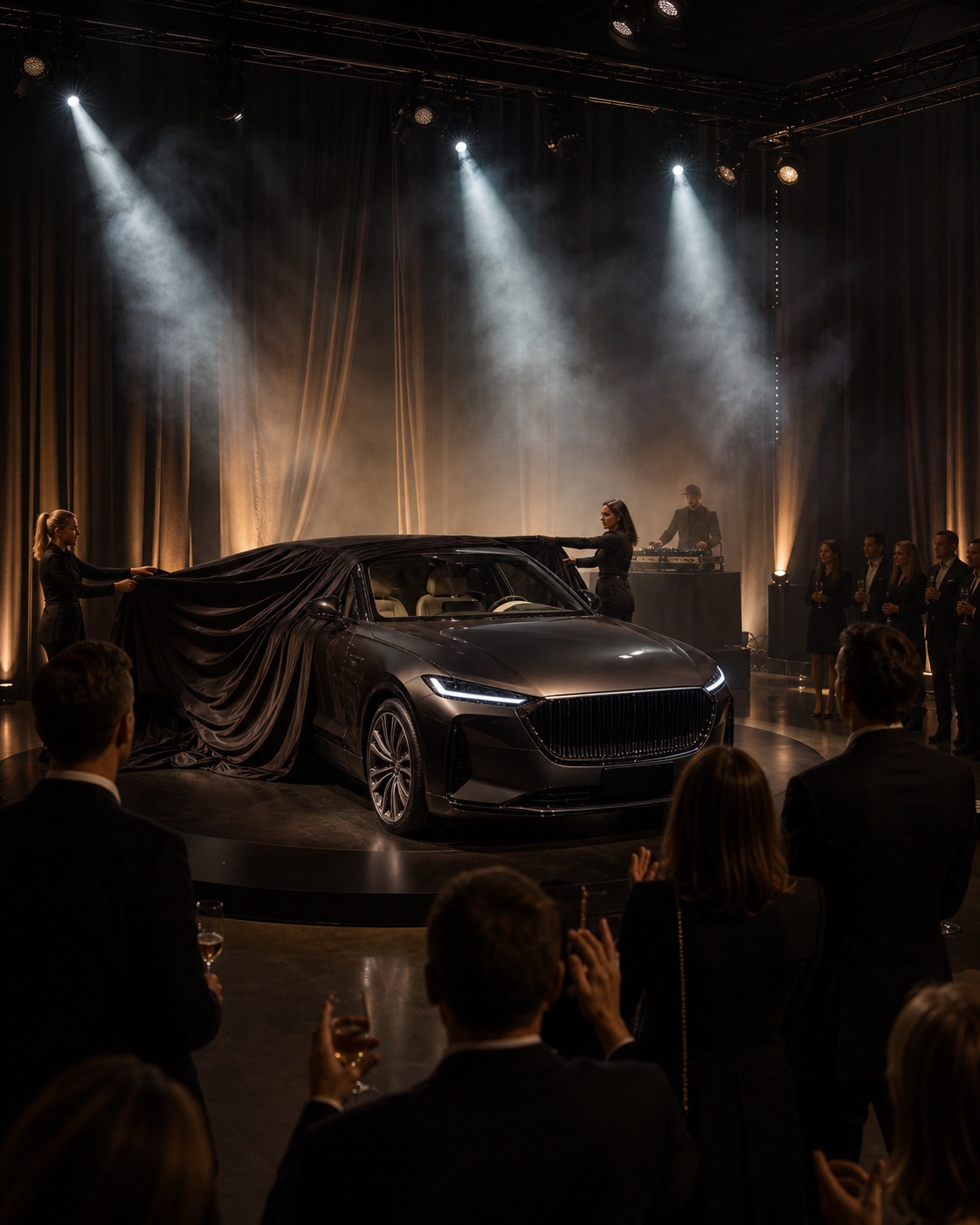 Reveal automobile scénarisé avec lumière et public VIP