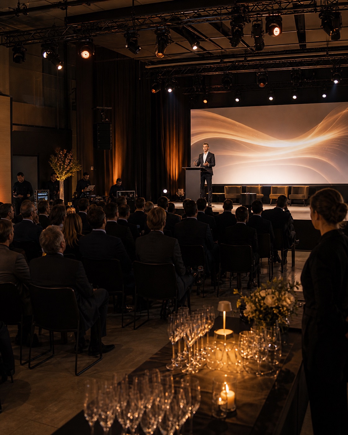 Discours corporate sur scène avec lumière chaude