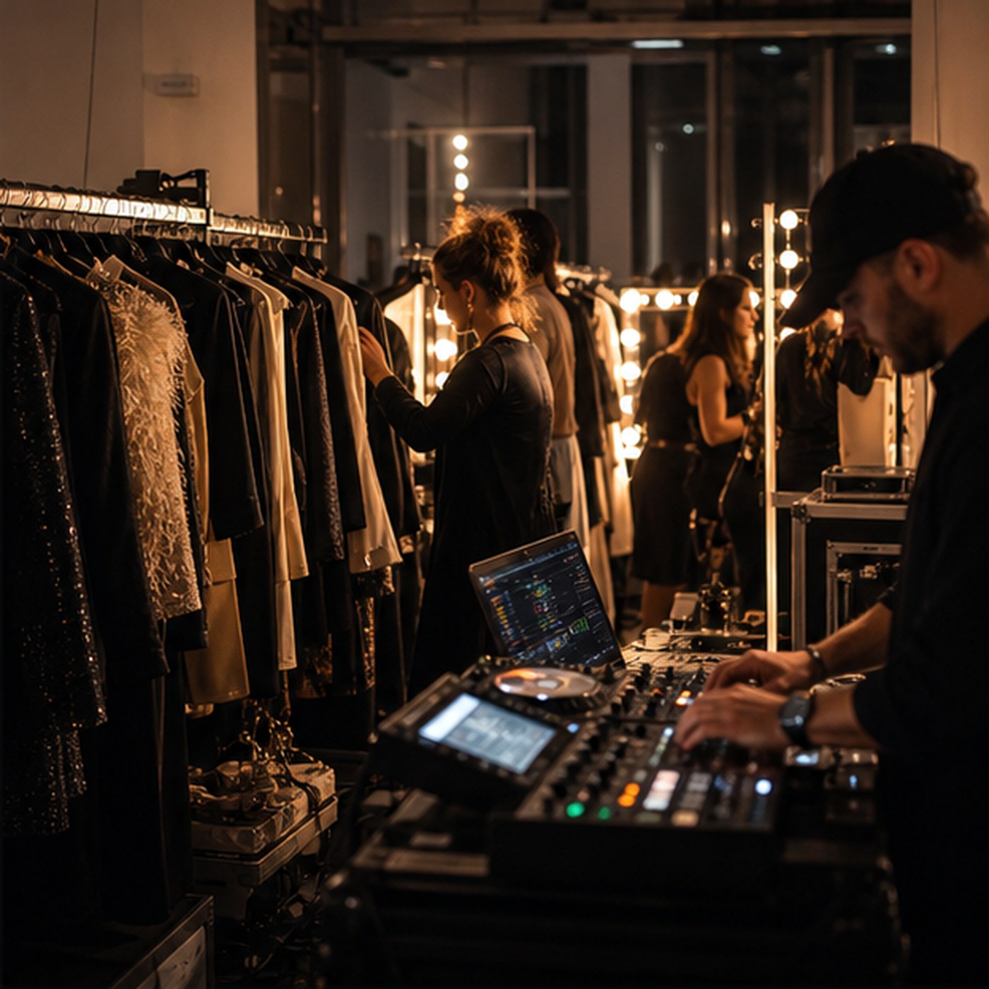 Backstage showroom avec portants, DJ et lumière miroir