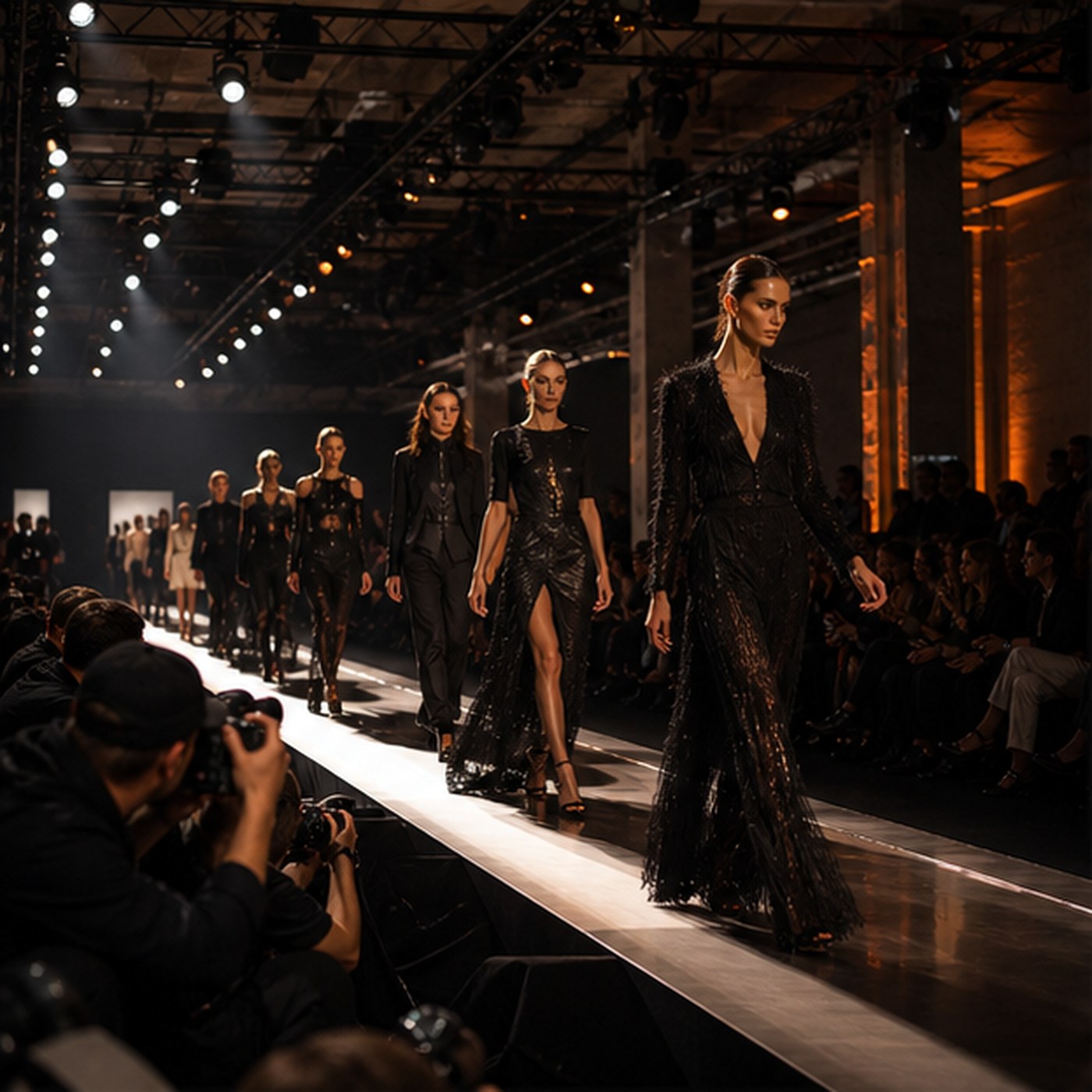 Défilé mode sur catwalk avec lumières et photographes presse