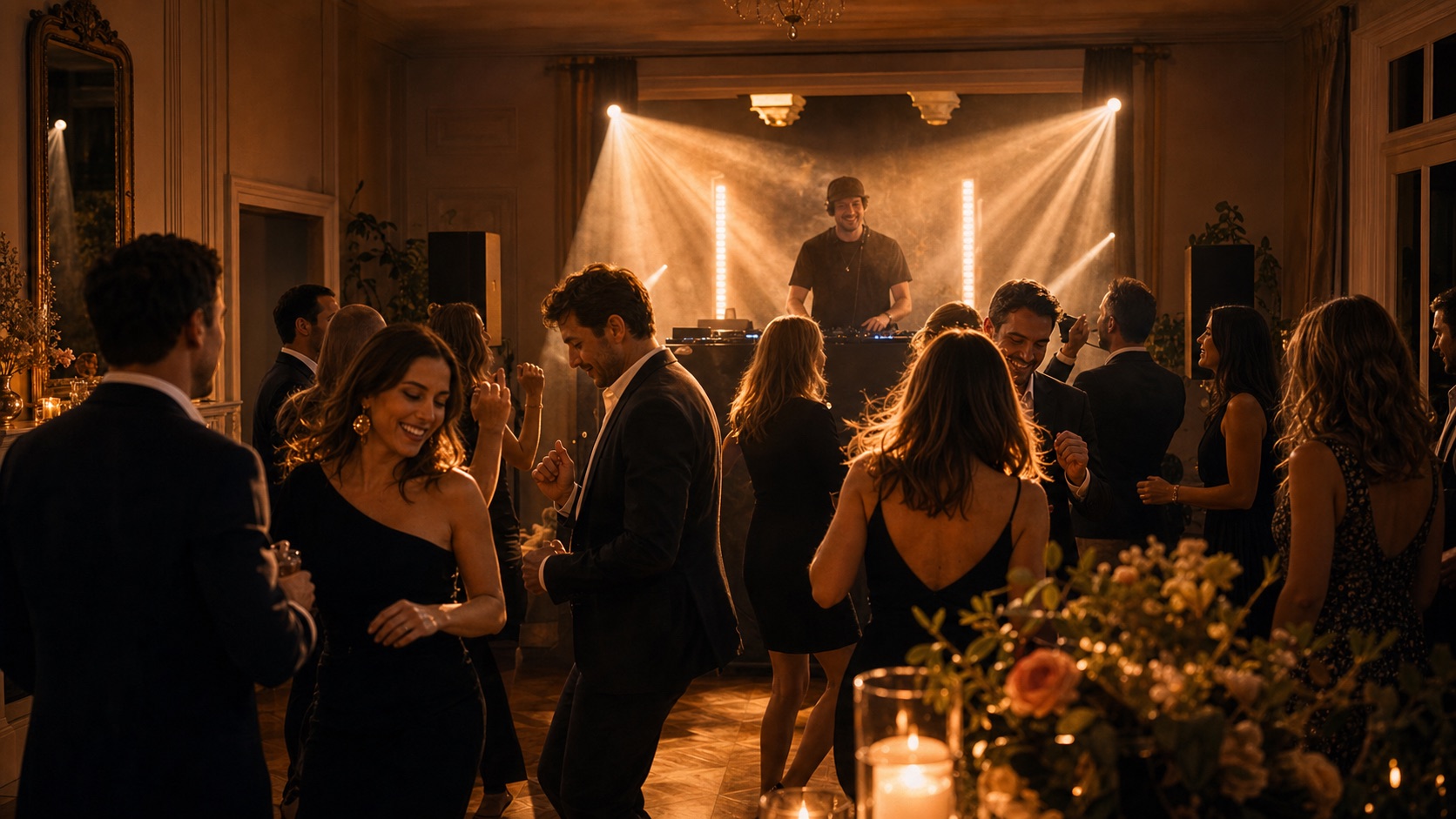 Soirée privée premium Bloom Events — invités, DJ et ambiance lumineuse
