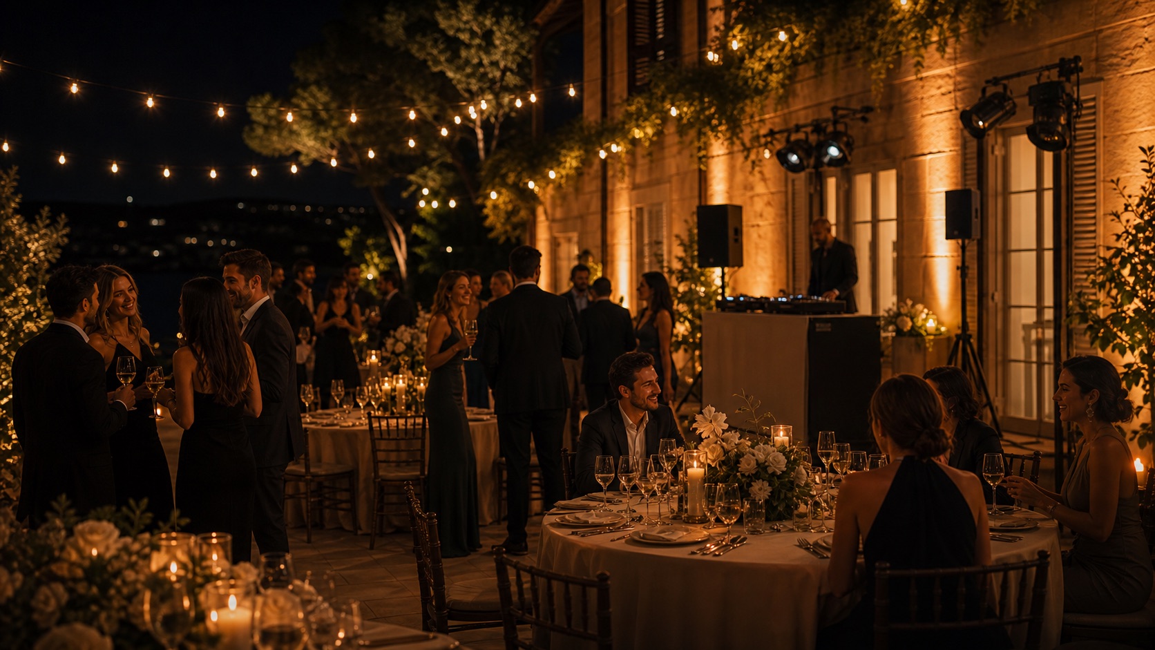 Soirée privée premium Bloom Events — réception élégante, lumière chaude et DJ