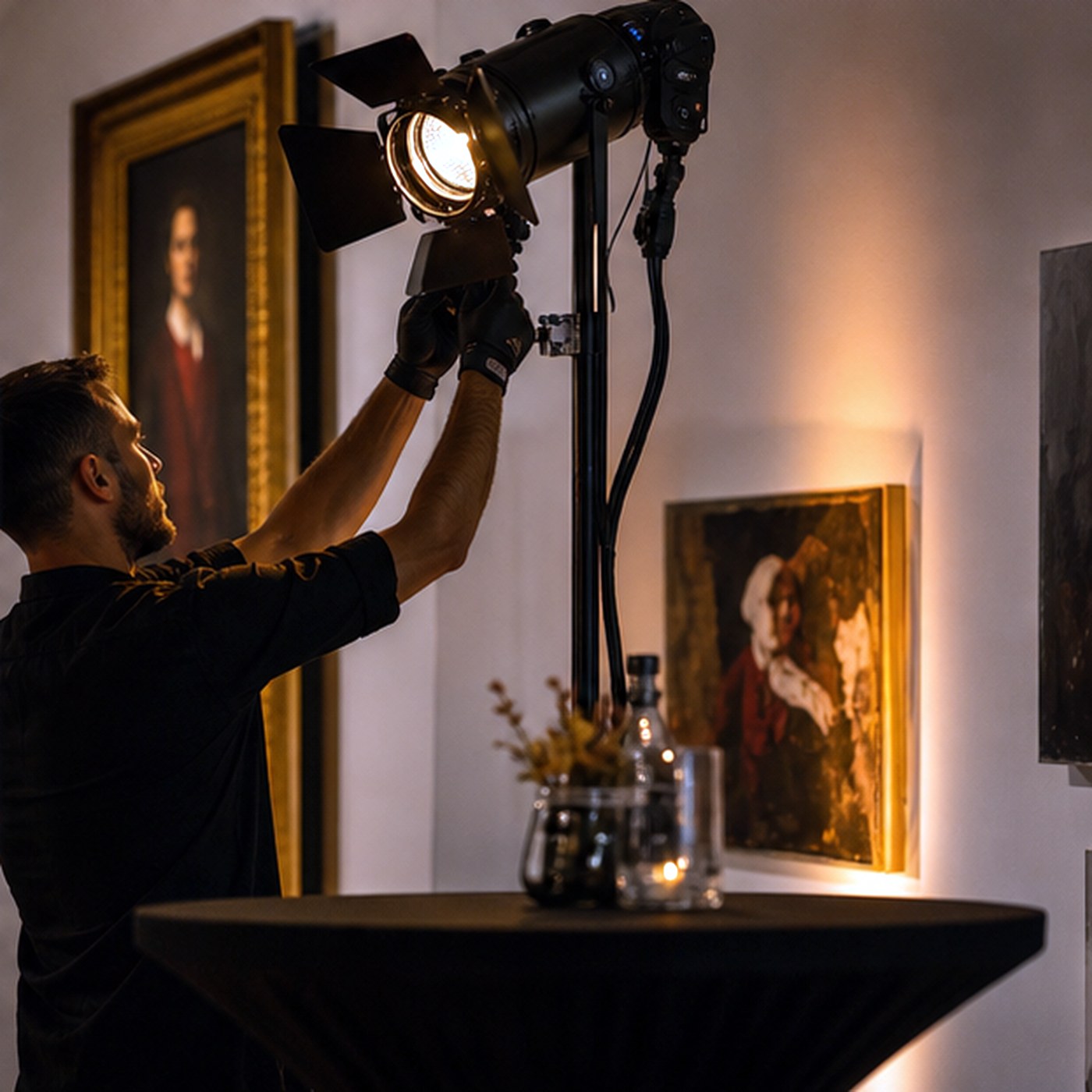 Technicien réglant un projecteur sur une œuvre en galerie