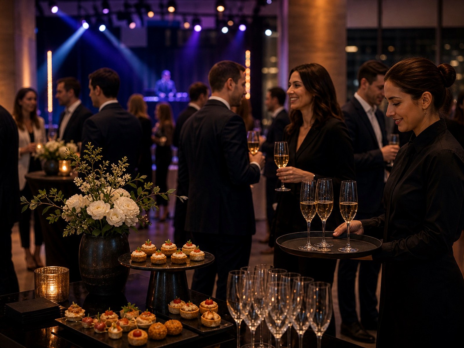 Setup dîner cocktail — service premium, DJ discret et lumière chaude